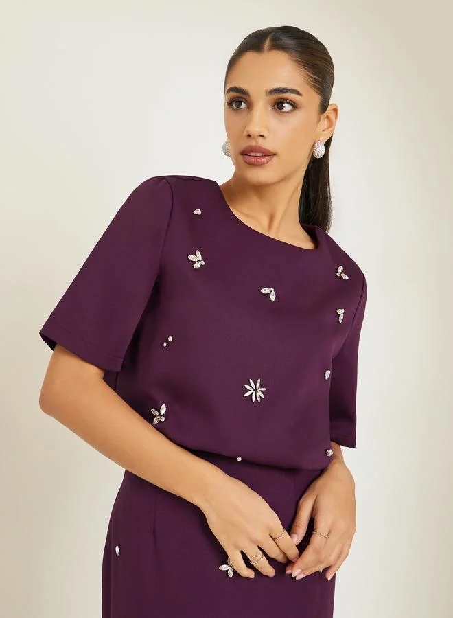 Styli Women Purple Embellished Top and Skirt Co-Ords